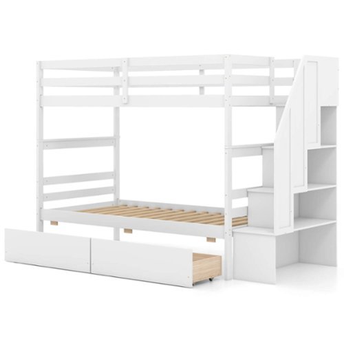 Costway - Twin Over Twin Bunk Bed with Storage Stairs & Drawers Full-length Guardrails - White-Front_Standard 