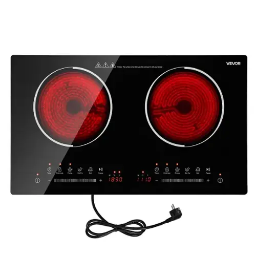 Nation: The surface is hot after use. Do not touch with your hands!

VEVOR

Timer
Child Lock
Frying
Stir Fry
6 Dot
Pause +

F 1 18:30
Timer Child Lock Frying Stir Fry 5ot Pause = 7 11:10 +