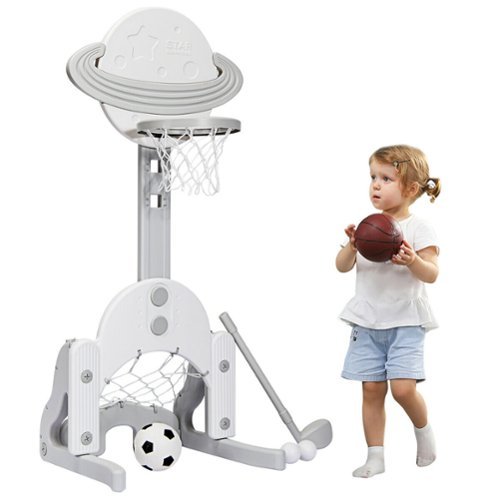 Costway - 3 in 1 Kids Basketball Hoop Set Adjustable Sports Activity Center w/ Balls - White-Front_Standard 