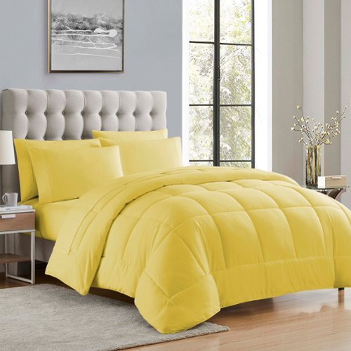 Sweet Home Collection - All Season Reversible Bed-in-A-Bag Solid Color Comforter & Sheet Set, Queen - Yellow-Front_Standard 