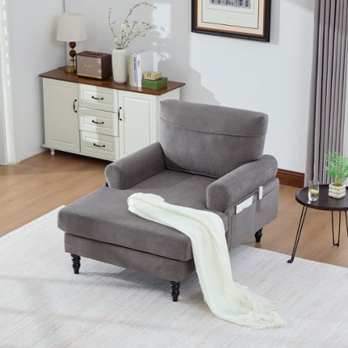 Trinkets Crazed - Chenille Fabric Chaise Lounge Recliner Single Sofa Living Room Bedroom Rest Chair Wooden Sofa Legs - Dark Gray-Front_Standard 
