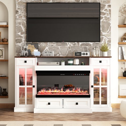 Famapy - Classic TV Stand with Electric Fireplace, Upto 55" TV Entertainment Center with Storage and Heating for Living Room - Brown & White-Front_Standard 