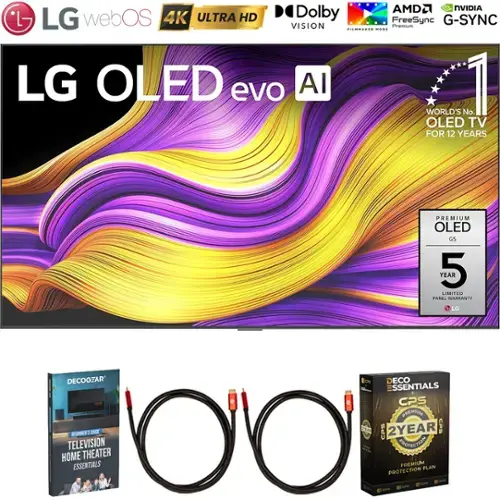 LG webOS 4K ULTRA HD Dolby FreeSync G-SYNC VISION Premium  
LG OLED evo AI  
WORLD'S No. 1 OLED TV FOR 12 YEARS  
PREMIUM OLED GS  
5 YEAR LIMITED PANEL WARRANTY  
DECOGEAR TELEVISION HOME THEATER ESSENTIALS  
DECO ESSENTIALS CPS PREMIUM TA  
2 YEAR CPS PROTECTION PLAN