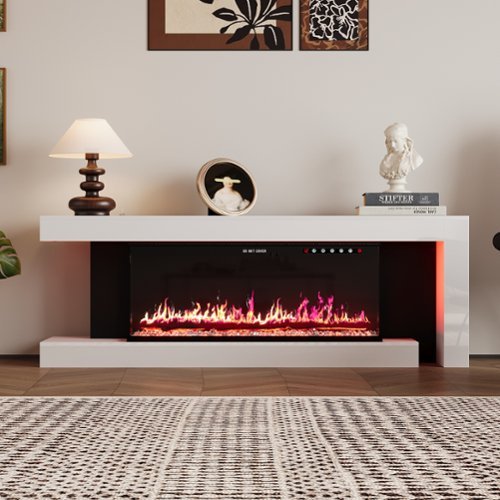 Famapy - Fireplace TV Stand with 12 Color LED Lights, Electric Heater Media Console Entertainment Center with Storage - White & Black-Front_Standard 