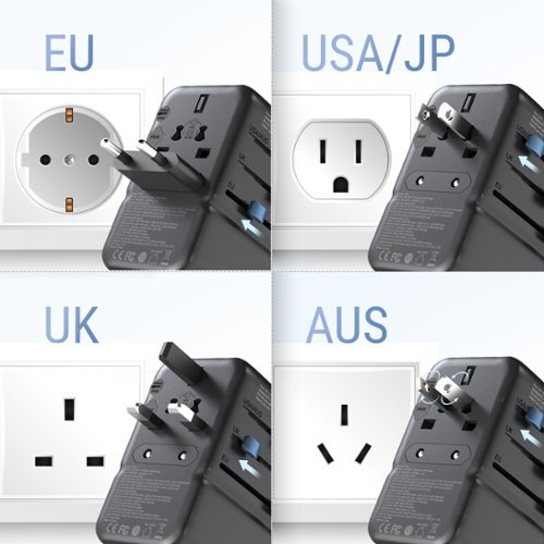 MINIX 85W GaN-III Universal Travel Adapter with 3-USB-C/2-USB-A, AC Outlet, US/UK/EU/AU Travel Charger for Laptops Phones - Black BUY IN AUSTRALIA
