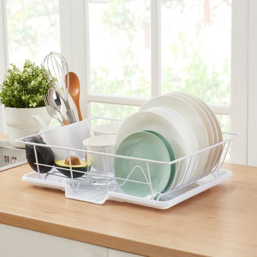 Sweet Home Collection - Steel 3-Piece Large Countertop Dish Drainer with Drain Board & Utensil Holder - White-Front_Standard 