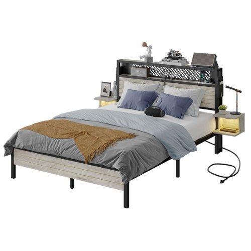 Bestier - Queen Gaming Bed Frame Golden Stripe Headboard LED Nightstands with Charging Station - Gray-Front_Standard 