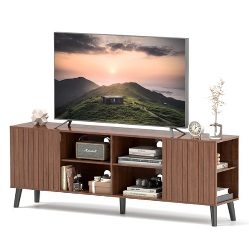 Skyzoo - Mid-Century Modern TV Stand for up to 85" TVs, Media Console with Storage Cabinets & Open Shelves for Living Room - Walnut-Front_Standard 