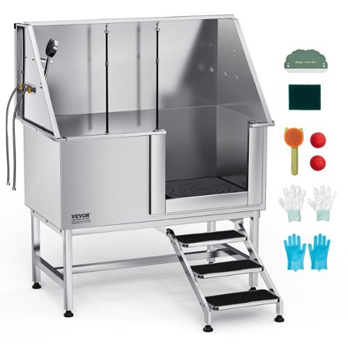 VEVOR - Stainless Steel Dog Washing Station, 50 inch Pet Grooming Tub w/ Stairs, PE Water Filter Board-Front_Standard 