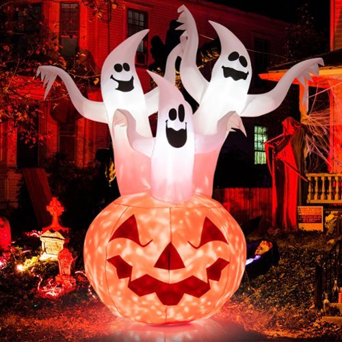 Costway - 6 FT Inflatable Halloween Tree White Ghosts with Pumpkin Decor w/ Rotating Lamp - White/Pumpkin