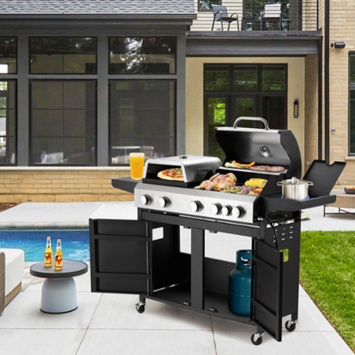 U-HOMY - Propane Gas Grill with Pizza Oven and Side Burner, Removable Grates, Shelf & Cabinet for Outdoor Cooking - 5+1 Burner-Front_Standard 