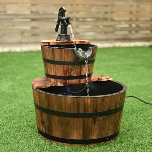 Costway 2 Tier Barrel Waterfall Fountain Barrel Wooden Water Fountain Pump Outdoor Garde - Brown BUY IN AUSTRALIA