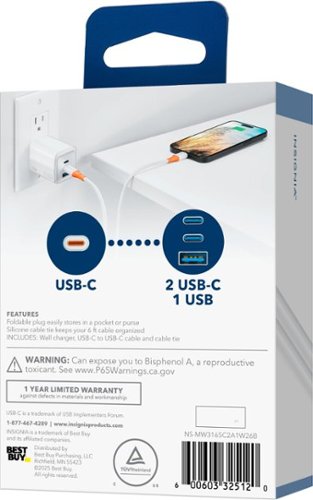 Insignia™ 65W Wall Charger with 6 ft. USB-C Cable for Smartphones, Tablets, Laptops, and More - White BUY IN SAUDI ARABIA