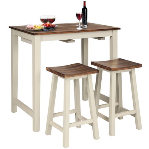 Costway 3-Piece Bar Table Set Counter Pub Table& 2 Saddle Bar Stools w/ Hanging Design - Beige/Brown