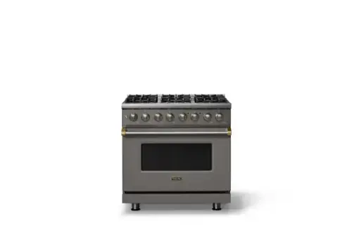 Front. Viking - 36 in. Wide 6 Burner Pro 5 Series 5.6 Cu. Ft. Freestanding Sealed DF Convection Range with Brushed Brass Trim - Damascus Gray.