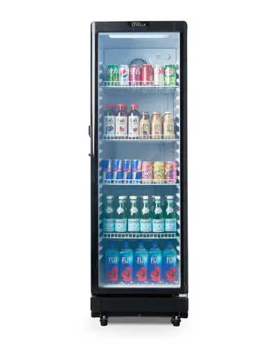 The image shows a refrigerator with a variety of drinks inside. There are multiple bottles of water, juice, and soda, as well as a few cans of soda. The refrigerator is stocked with a wide selection of beverages, making it a convenient place for people to grab a drink.