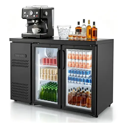 Front. VEVOR - Back Bar Cooler,11.8 Cu. Ft Counter Height Beverage Refrigerator,Commercial Display Fridge w/ 2 Glass Doors,LED Lighting - Black.