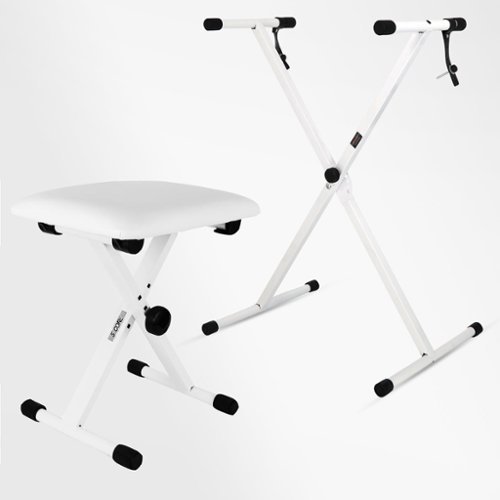 5 CORE - Keyboard Stand Single X Style Adjustable Piano Riser + Keyboard Piano Bench - White-Front_Standard 