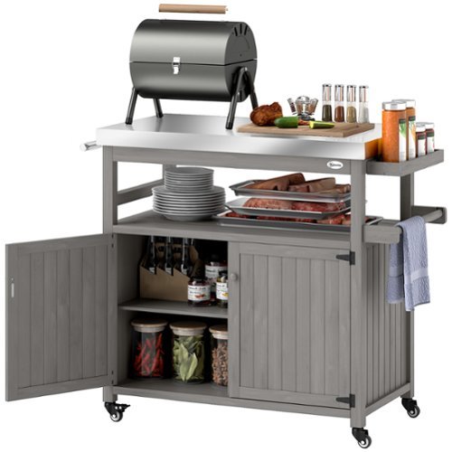 Outsunny - Grill Cart w/ Stainless Steel Top, Solid Wood Outdoor Kitchen Island w/ Wheels - Gray-Front_Standard 