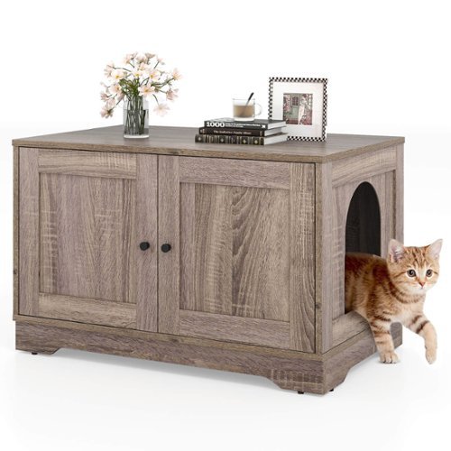 Costway - Cat Litter Box Enclosure Furniture with Double Doors Divider Side Entry for Cats - Gray-Front_Standard 