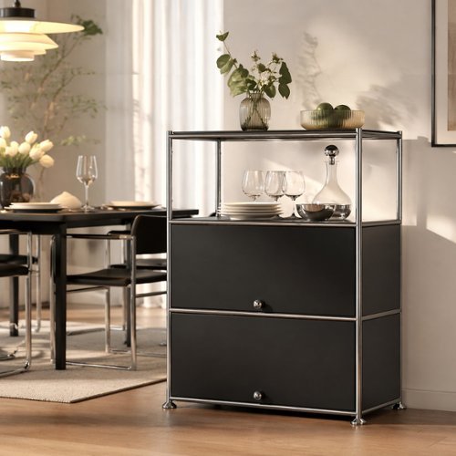 Malletson - Metal Modular Sideboard Storage Cabinet 3 Tier, Modern Grid-Style, for Dining Room or Office - Black-Front_Standard 