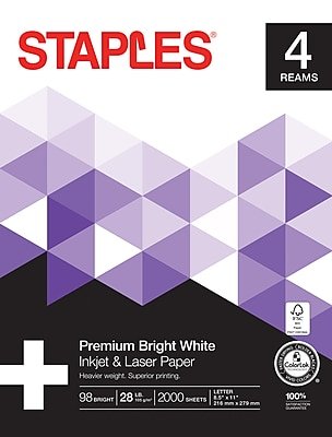 Staples - Laser Paper, 8.5" x 11", 28 lbs., 500 Sheets/Ream, 4 Reams/Carton (733331) - Bright White