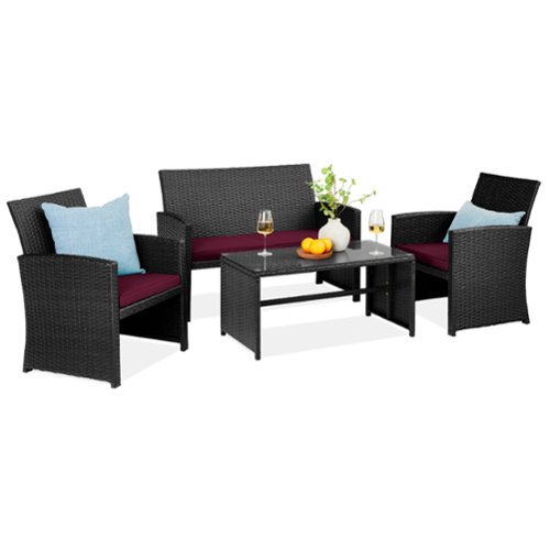 Best Choice Products - 4-Piece Outdoor Wicker Patio Conversation Furniture Set w/ Table, Cushions - Black/Deep Burgundy-Front_Standard 
