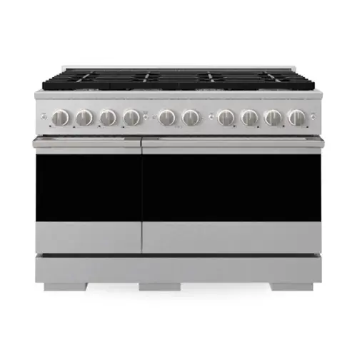 Front. ZLINE - 48 in. 6.7 cu. ft. Marino Freestanding Double Oven Gas Range with Convection Gas Oven with 8 Brass Burners - Satin Stainless Steel.