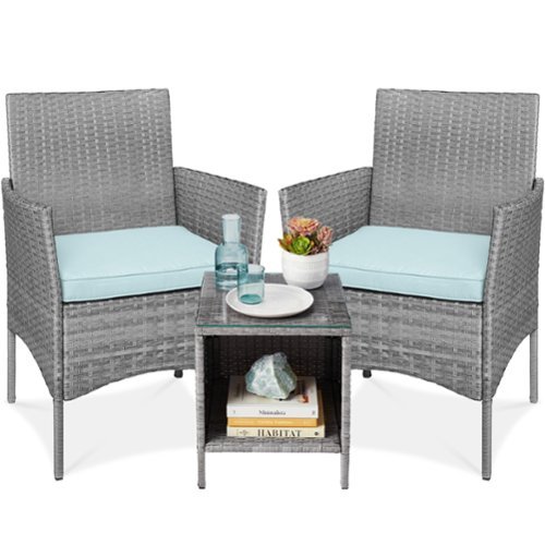 Best Choice Products - 3-Piece Outdoor Wicker Conversation Patio Bistro Set, w/ 2 Chairs, Table - Gray/Pastel Blue-Front_Standard 