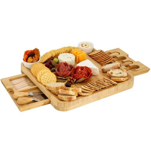 MegaChef - Bamboo Charcuterie Cheese Board Set with Ramekins and Slide Out Cutlery Drawer - Brown-Front_Standard 
