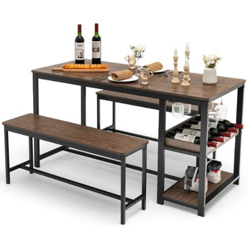 Costway 3 PCS Dining Table Set for 4 Kitchen Dining Room Table & 2 Benches W/ Rack - Coffee, Black