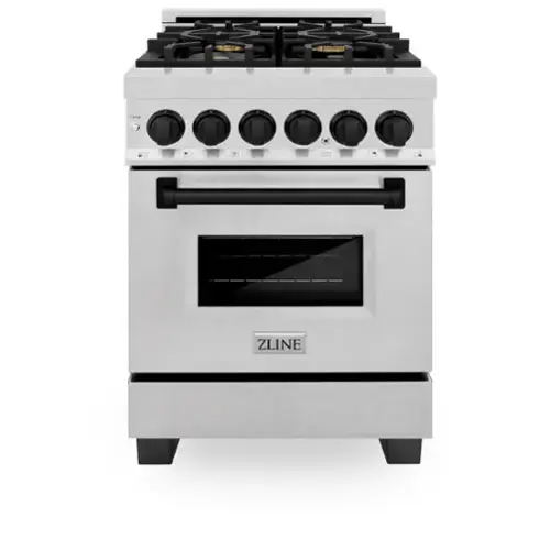 Front. ZLINE - ZLINE Autograph 24 in. Legacy Dual Fuel Range in Satin Steel & Black Accents (RASZ-SN-24-MB) - Satin Stainless Steel.