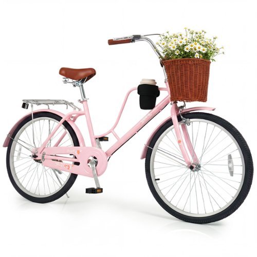 Gymax - Beach Cruiser Bike 24-Inch Commuter Bike w/Adjustable Seat Woven Basket for City - Pink-Front_Standard 