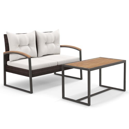 Costway - 2 PCS Patio PE Wicker Furniture Set Loveseat with Acacia Wood Coffee Table Outdoor - Off White,Mix Brown