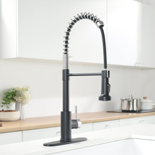 Black and Brushed Nickel Single Handle Touchless Pull Down Kitchen Faucet with Deckplate Included-Front_Standard 