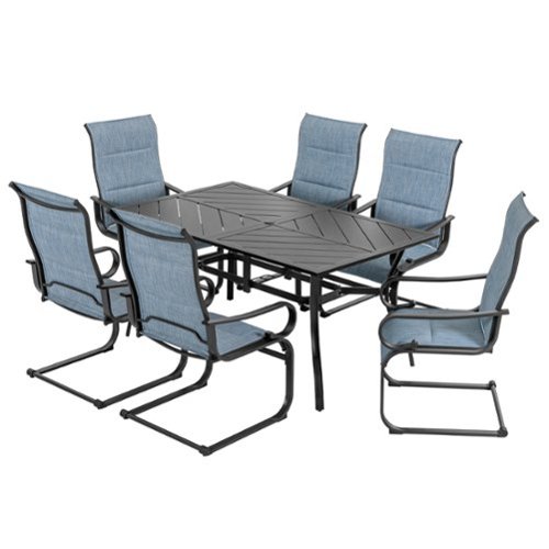 Nuu Garden - Outdoor 7-Piece Padded Textilene Metal Dining Set with Umbrella Hole - Black and Blue-Front_Standard 