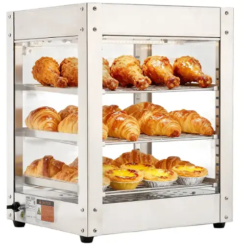 Front. VEVOR - 3-Tier Commercial Food Warmer Display, 800W Food Display Warmer with LED Light, Adjustable Shelf and Stainless Steel - Stainless steel color.