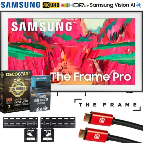 Sure, here is the corrected and grouped text from the image:

---

**SAMSUNG 4K UHD HDR**  
**Samsung Vision AI**

**The Frame Pro**

**DECOCGEAR CPS BUNDLE**  
- **26 MONTH CPS PROTECTION**  
- **EXCLUSIVE HOME THEATER ESSENTIALS**  
- **HDMI CABLES**  
- **THE FRAME 2 PLAN PREMIUM PROTECTION**

**DECOCGEAR**  
- **BUNDLE**  
- **26 MONTH CPS PROTECTION**  
- **EXCLUSIVE HOME THEATER ESSENTIALS**  
- **HDMI CABLES**

**The Frame Pro**

**The Frame**

---