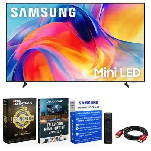 SAMSUNG  
Mini LED  

DECO ESSENTIALS  
CPS PREMIUM  
12 MONTH  
PREMIUM PROTECTION PLAN  

DECOGEAR  
SAMSUNG  
AUTHORIZED DEALER  
1 YEAR LIMITED WARRANTY  

WHY PURCHASE FROM AN AUTHORIZED DEALER?  
- Ensure product is genuine  
- Access to specialized Samsung support services  
- Authorized service and repair facilities  

BEGINNER'S GUIDE  
TELEVISION HOME THEATER ESSENTIALS  

JAMCUME