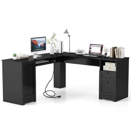 Costway - L-Shaped Corner Computer Desk Writing Table Study Workstation w/ Drawers Storage - Black-Front_Standard 