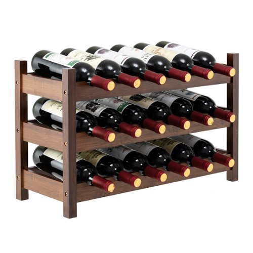  Gymax - 3 Tier 18 Bottle Wine Storage Cabinet Shelf Bamboo Wine Rack for Wine Lovers - Brown