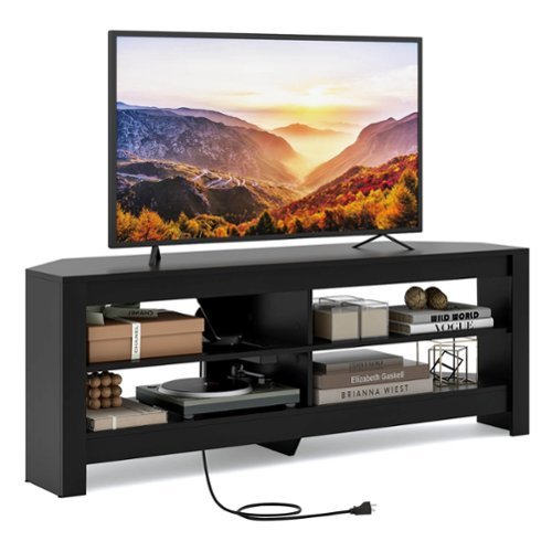 Costway - 3-Tier Corner TV Stand with Power Outlet 4 Open Storage Shelves for Living Room - Black-Front_Standard 