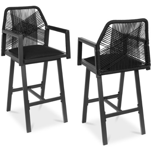 Best Choice Products - Set of 2 Indoor/Outdoor Aluminum, Woven Rope Swivel Barstools w/ Armrests - Black/Obsidian-Front_Standard 