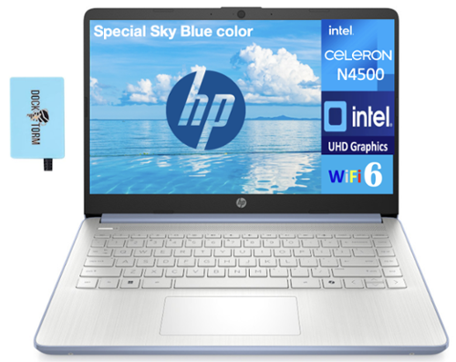HP - 14 Laptop 14.0 HD (Intel Celeron N4500, 16GB DDR4, 256GB PCIe SSD, Intel UHD, Win 11 Pro) w/USB Hub - Sky Blue-Front_Standard 