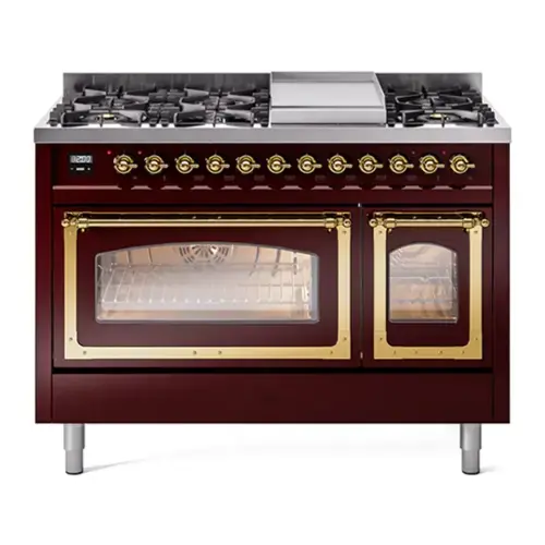 Front. ILVE - ILVE Nostalgie II Series 48 in. Dual Fuel Range with 8 Sealed Burners + Griddle (Liquid Propane, Brass Trim) - Burgundy.