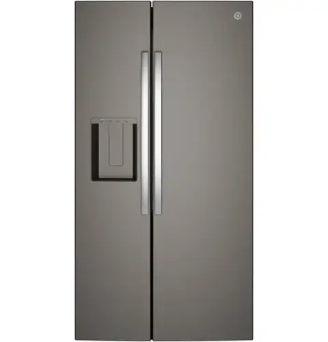 Front. GE - 36 in. Wide 23.6 Cu. Ft. Counter-Depth Side-By-Side Refrigerator with Extra Tall Dispenser and In-Door Icemaker - Slate.