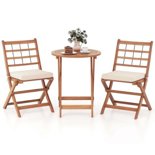 Costway - 3 PCS Acacia Wood Patio Bistro Set Folding Outdoor Table and Chairs with Cushions - Off White,Natural-Front_Standard 