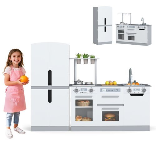 Gymax - 2 PCS Kids Kitchen Playset w/Fridge Dishwasher Microwave Oven & Accessories Grey - Gray-Front_Standard 