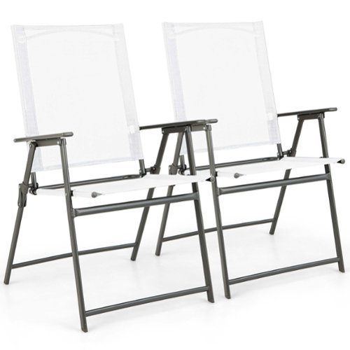 Costway - 2 PCS Patio Folding Portable Dining Chairs Metal Frame Armrests Outdoor - White + Gray-Front_Standard 