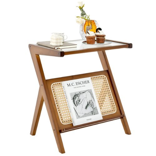 Costway - Rattan Side Table Bamboo Accent Bedside Table with Tempered Glass Top - Walnut
